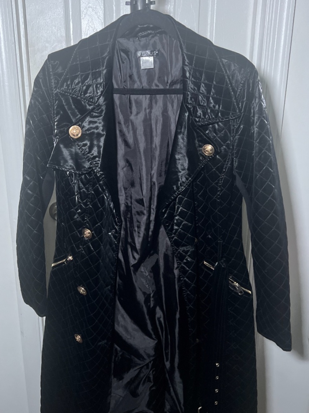 Venus Black Quilted Double-Breasted Trench Coat with Belt